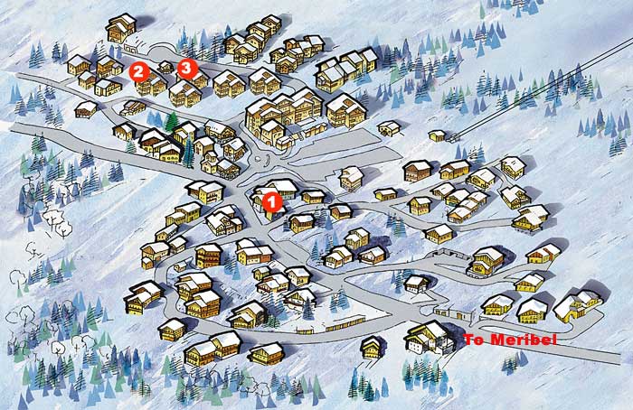 Map of ski self catered chalets and apartments in Meribel Village