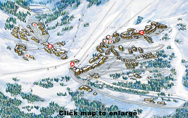 Map of ski self catered chalets and apartments in Meribel Mottaret