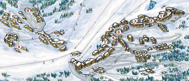 Map of ski self catered chalets and apartments in Meribel Mottaret