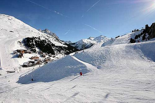 View from balcony of piste-side apartment in Mottaret