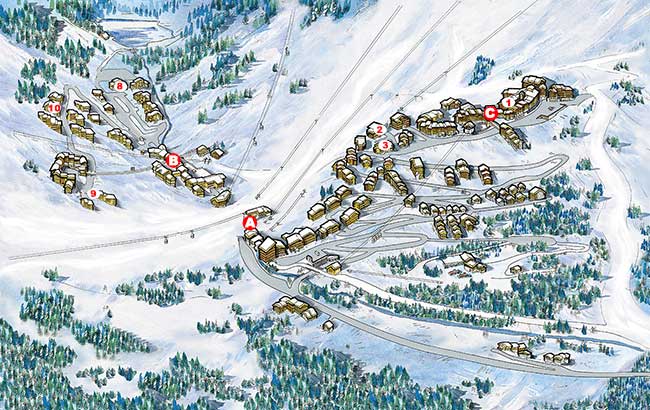 Map of ski self catered chalets and apartments in Meribel Mottaret