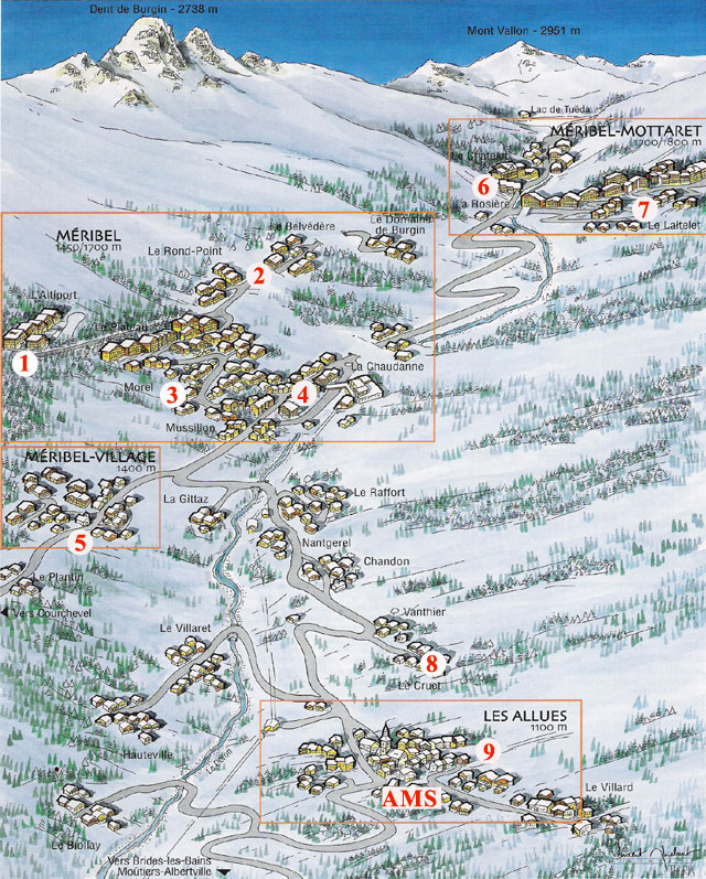 Map of the Meribel Valley showing the locations of all rental properties
